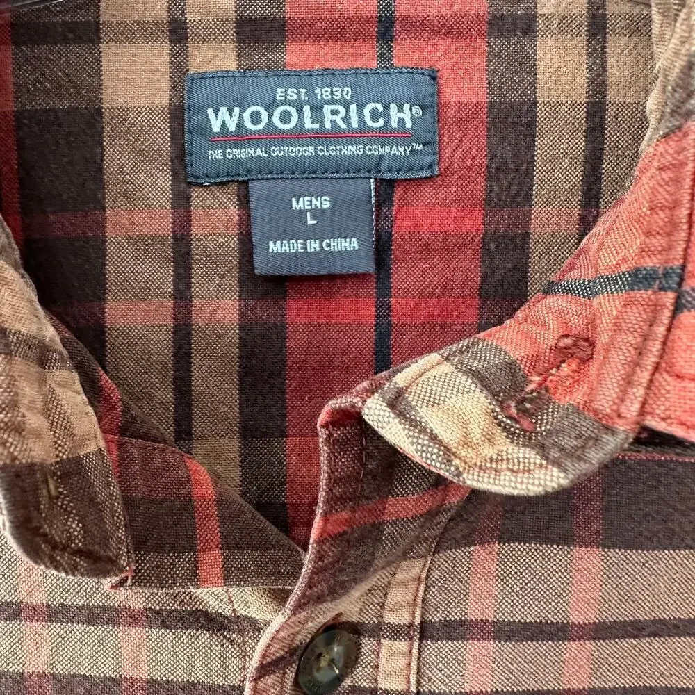 Woolrich Mens Large Red Orange Brown Plaid Classic Long Sleeve Button Work Shirt - Picture 2 of 14